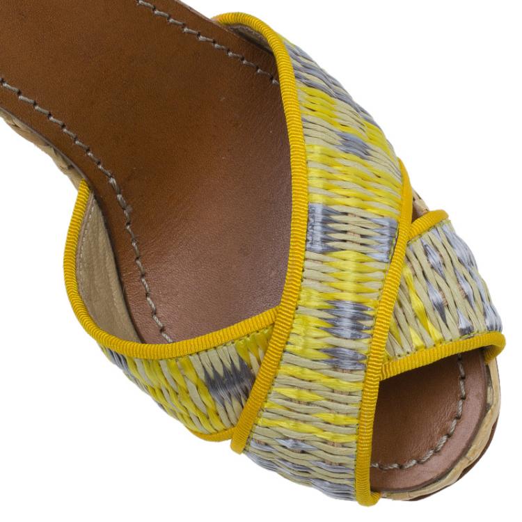 Pre Owned Dolce and Gabbana Yellow Leather and Espadrille Tie Up Platform Wedges Size 41