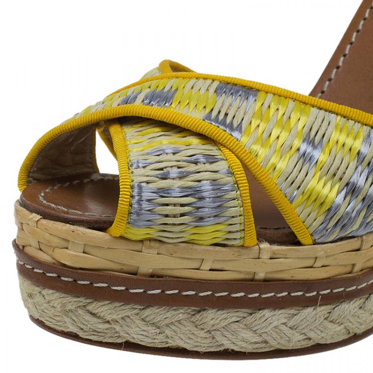 Pre Owned Dolce and Gabbana Yellow Leather and Espadrille Tie Up Platform Wedges Size 41
