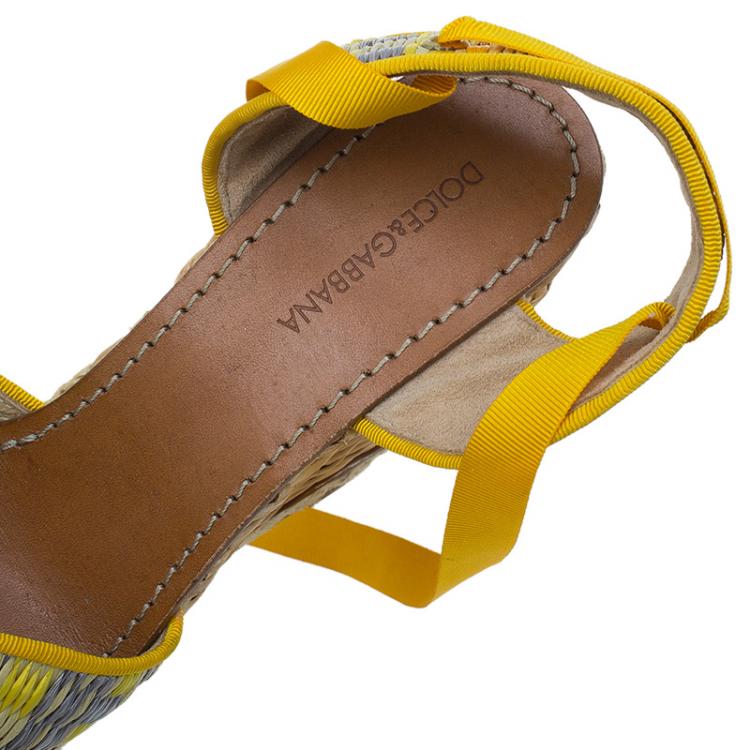 Pre Owned Dolce and Gabbana Yellow Leather and Espadrille Tie Up Platform Wedges Size 41