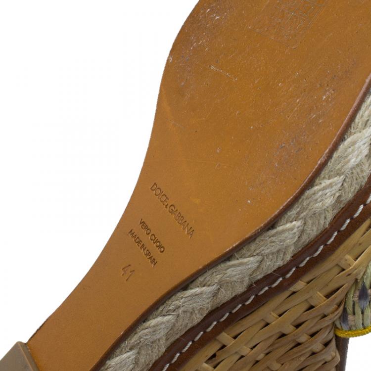 Pre Owned Dolce and Gabbana Yellow Leather and Espadrille Tie Up Platform Wedges Size 41