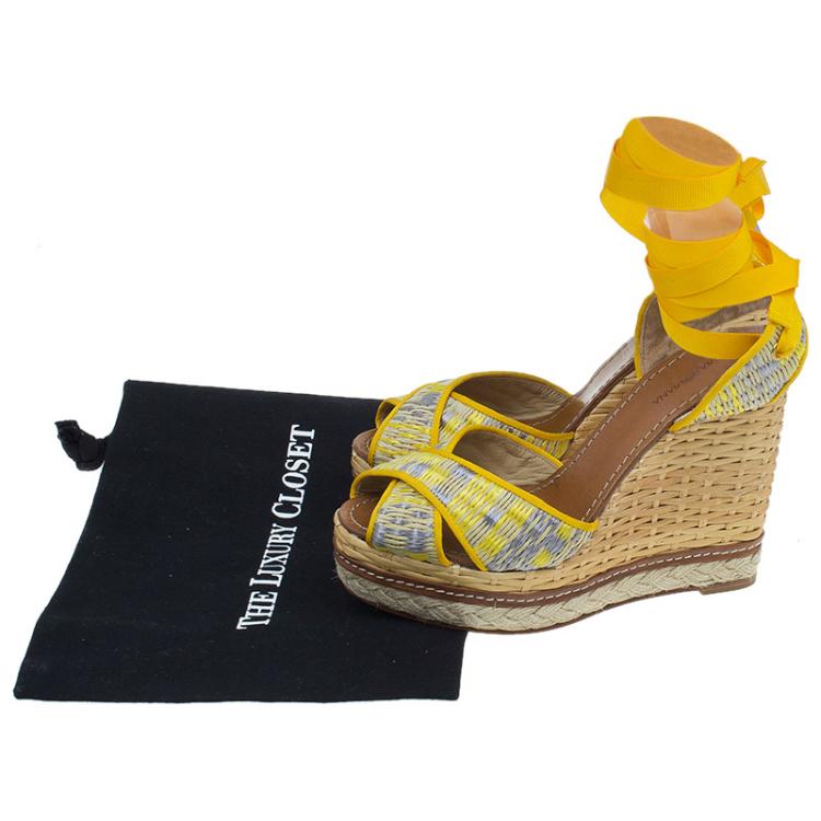 Pre Owned Dolce and Gabbana Yellow Leather and Espadrille Tie Up Platform Wedges Size 41