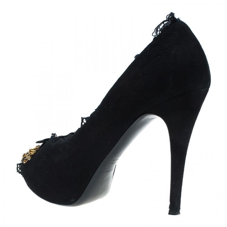 Pre Owned Dolce and Gabbana Black Suede Brooch Lace Trim Peep Toe Pumps Size 36