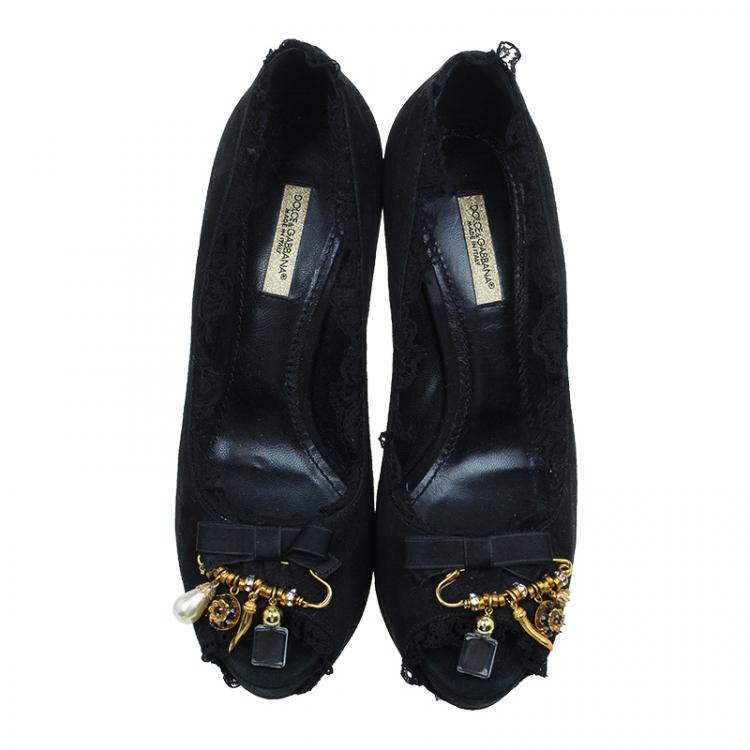 Pre Owned Dolce and Gabbana Black Suede Brooch Lace Trim Peep Toe Pumps Size 36