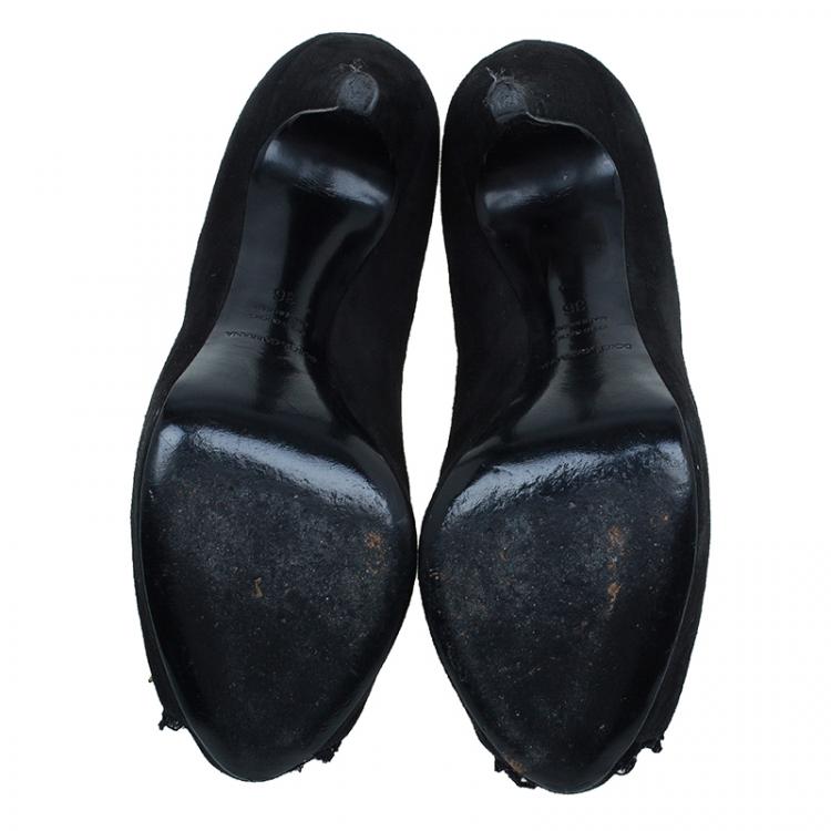 Pre Owned Dolce and Gabbana Black Suede Brooch Lace Trim Peep Toe Pumps Size 36
