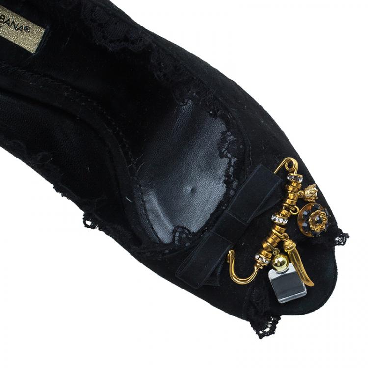 Pre Owned Dolce and Gabbana Black Suede Brooch Lace Trim Peep Toe Pumps Size 36