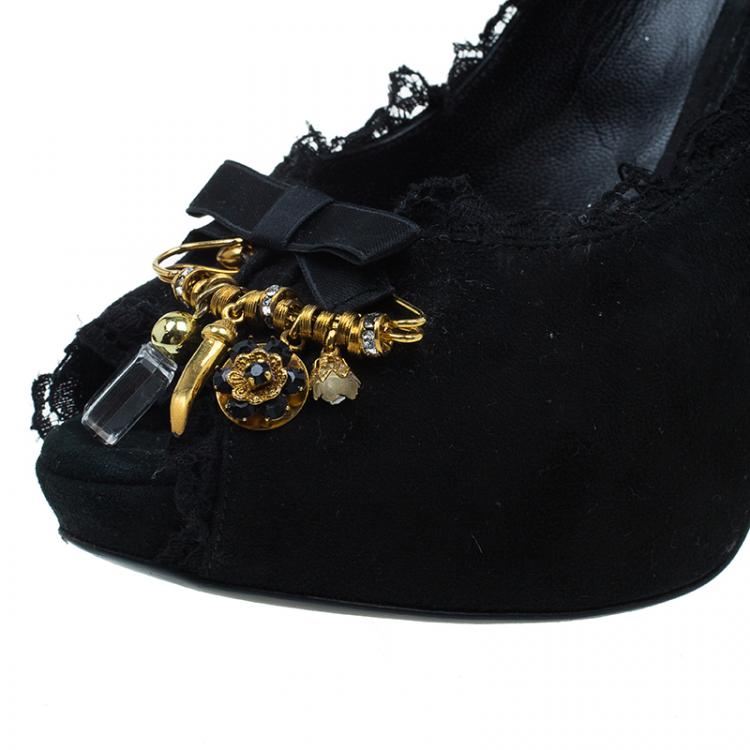 Pre Owned Dolce and Gabbana Black Suede Brooch Lace Trim Peep Toe Pumps Size 36