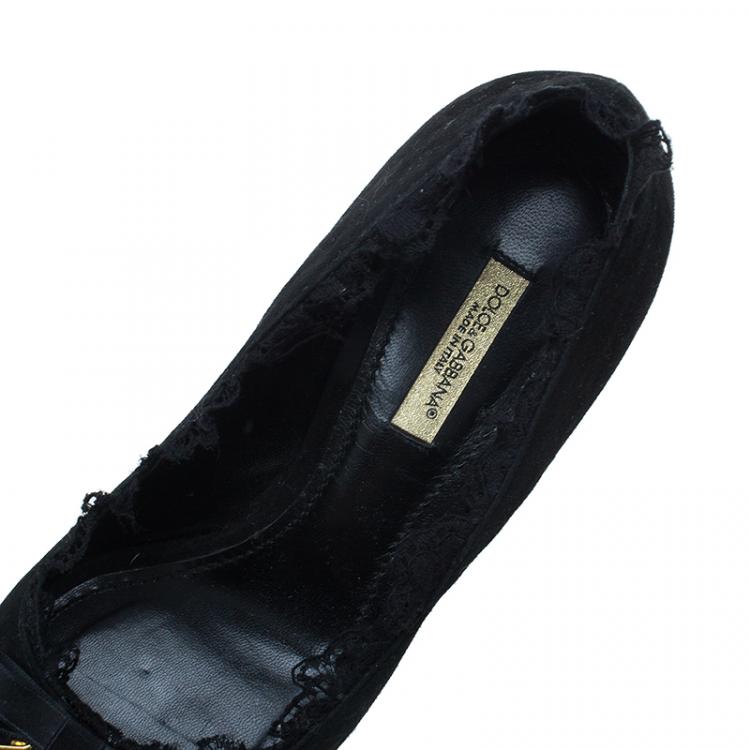 Pre Owned Dolce and Gabbana Black Suede Brooch Lace Trim Peep Toe Pumps Size 36