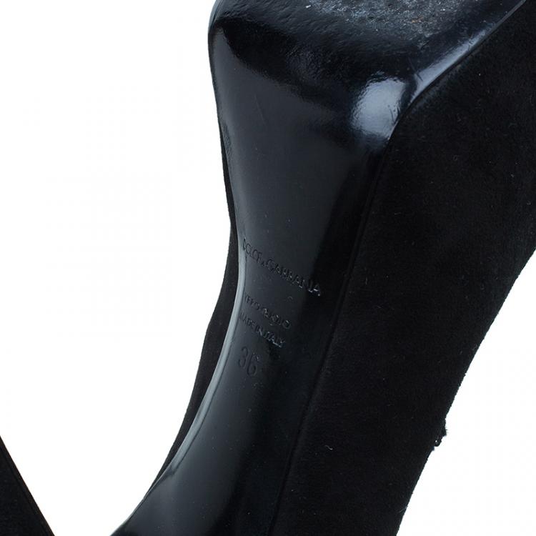 Pre Owned Dolce and Gabbana Black Suede Brooch Lace Trim Peep Toe Pumps Size 36