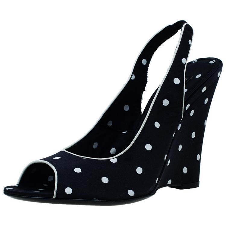 Pre Owned Dolce and Gabbana Black Satin Polka Dot Slingback Wedges Size 37.5