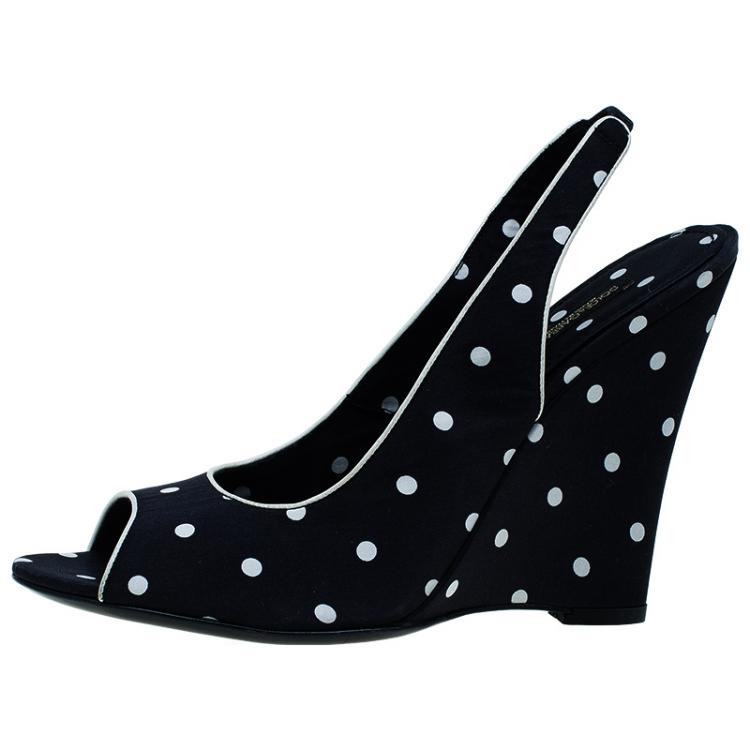 Pre Owned Dolce and Gabbana Black Satin Polka Dot Slingback Wedges Size 37.5