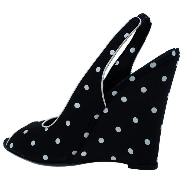 Pre Owned Dolce and Gabbana Black Satin Polka Dot Slingback Wedges Size 37.5
