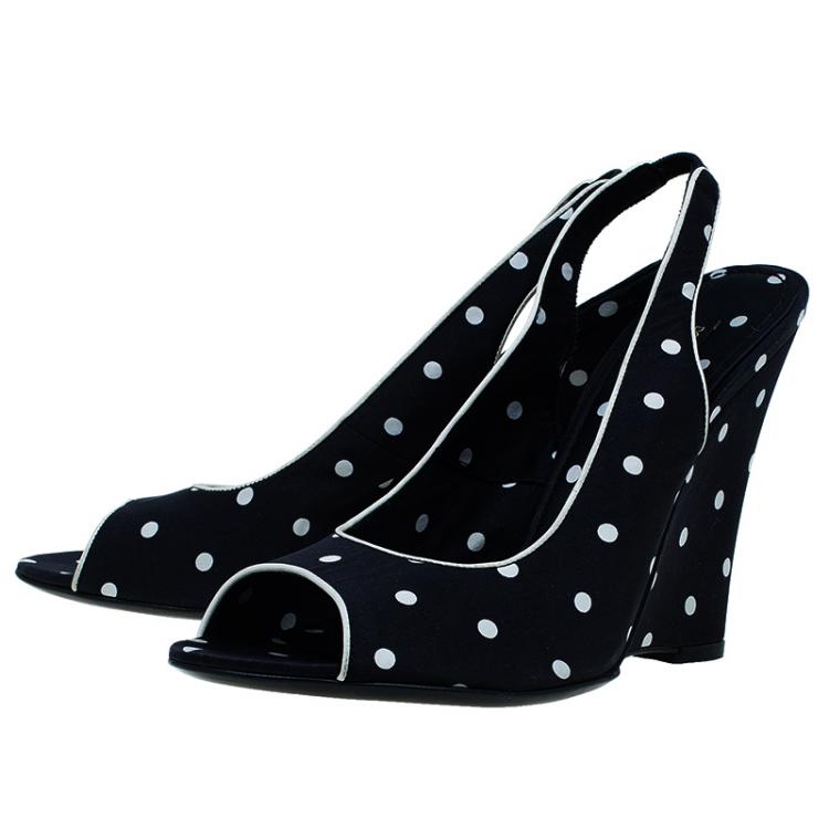 Pre Owned Dolce and Gabbana Black Satin Polka Dot Slingback Wedges Size 37.5
