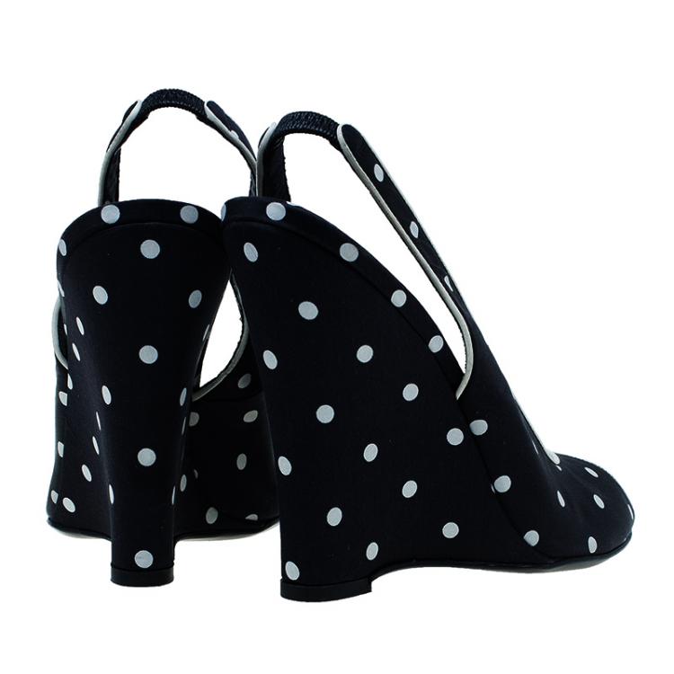 Pre Owned Dolce and Gabbana Black Satin Polka Dot Slingback Wedges Size 37.5