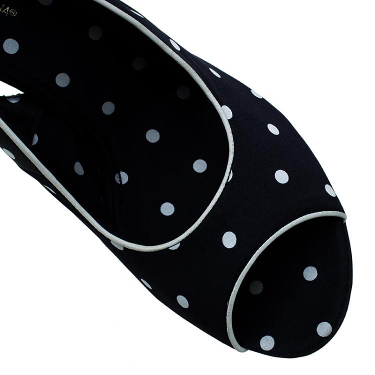 Pre Owned Dolce and Gabbana Black Satin Polka Dot Slingback Wedges Size 37.5