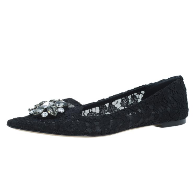 Pre Owned Dolce and Gabbana Belluci Crystal Embellished Lace Pointed Toe Flats Size 36
