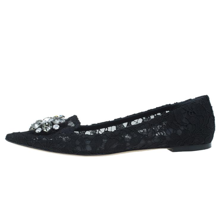 Pre Owned Dolce and Gabbana Belluci Crystal Embellished Lace Pointed Toe Flats Size 36