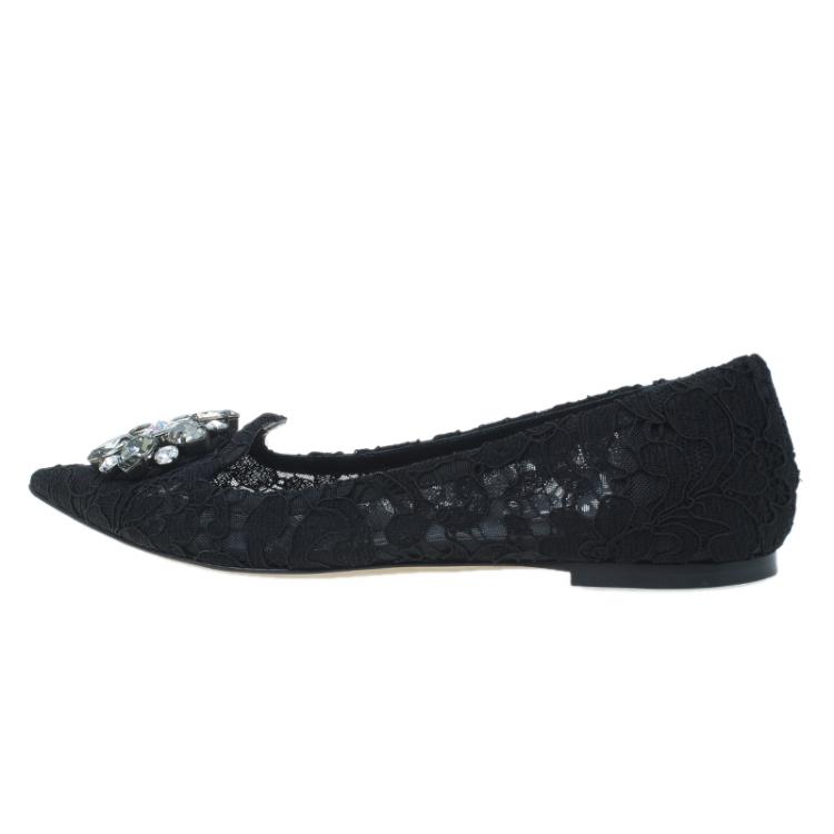 Pre Owned Dolce and Gabbana Belluci Crystal Embellished Lace Pointed Toe Flats Size 36