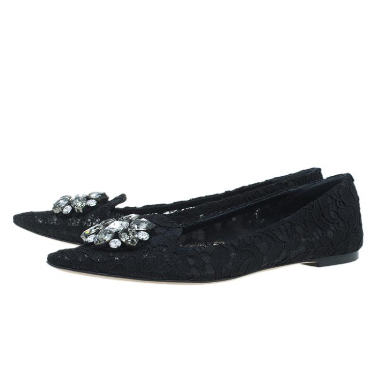 Pre Owned Dolce and Gabbana Belluci Crystal Embellished Lace Pointed Toe Flats Size 36