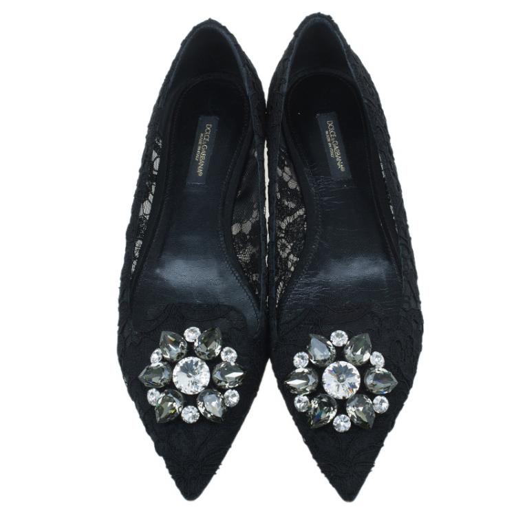 Pre Owned Dolce and Gabbana Belluci Crystal Embellished Lace Pointed Toe Flats Size 36