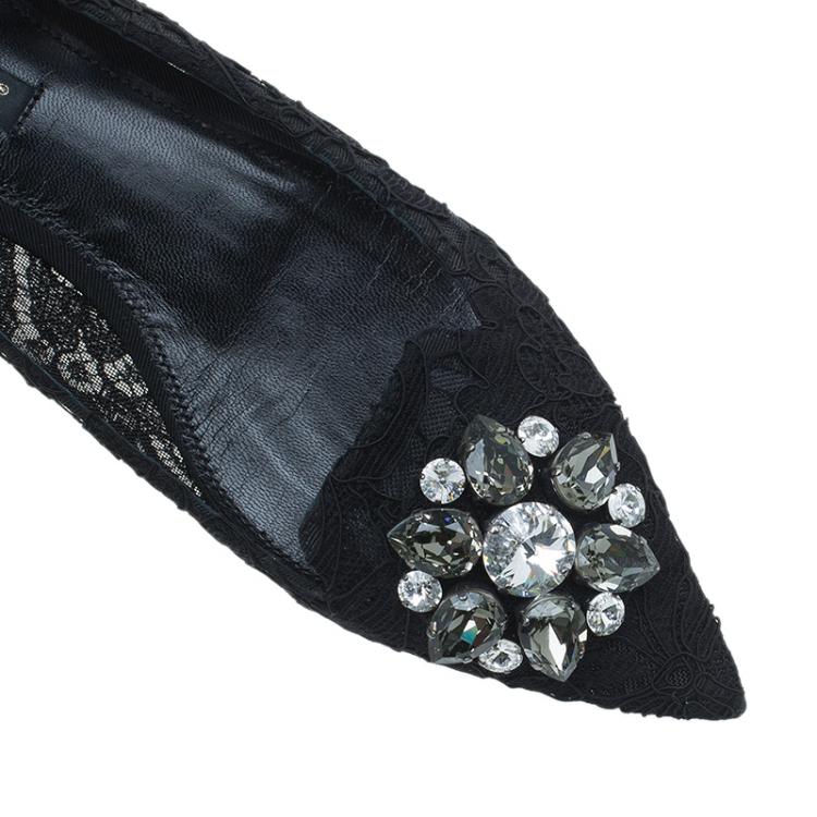 Pre Owned Dolce and Gabbana Belluci Crystal Embellished Lace Pointed Toe Flats Size 36
