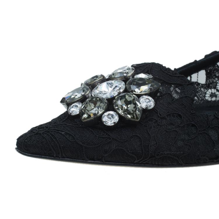 Pre Owned Dolce and Gabbana Belluci Crystal Embellished Lace Pointed Toe Flats Size 36