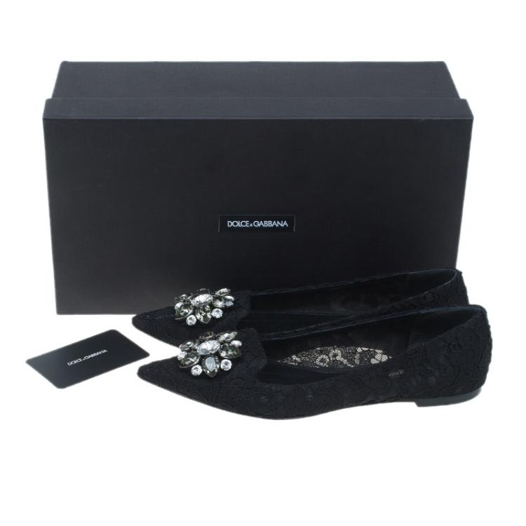 Pre Owned Dolce and Gabbana Belluci Crystal Embellished Lace Pointed Toe Flats Size 36