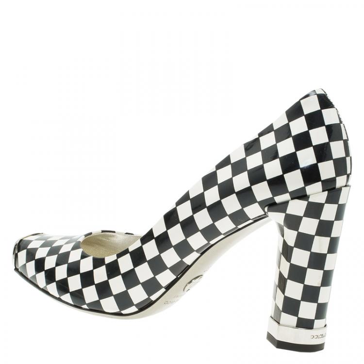 Pre Owned Dolce and Gabbana Black and White Checkered Leather Square Toe Pumps Size 39