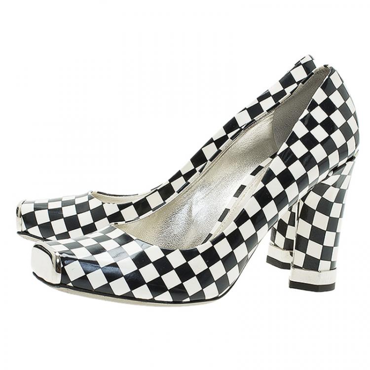 Pre Owned Dolce and Gabbana Black and White Checkered Leather Square Toe Pumps Size 39