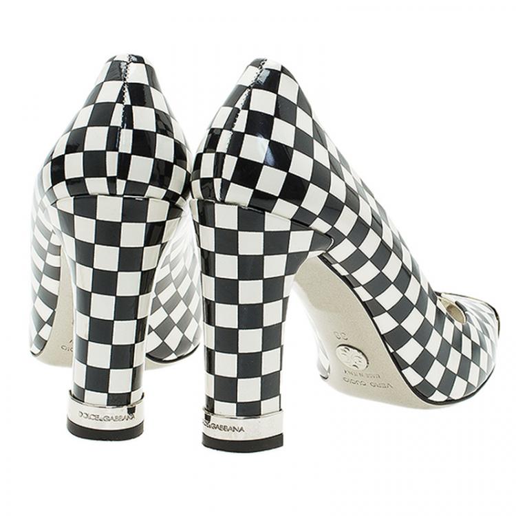 Pre Owned Dolce and Gabbana Black and White Checkered Leather Square Toe Pumps Size 39