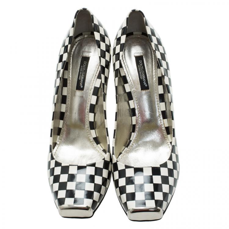 Pre Owned Dolce and Gabbana Black and White Checkered Leather Square Toe Pumps Size 39