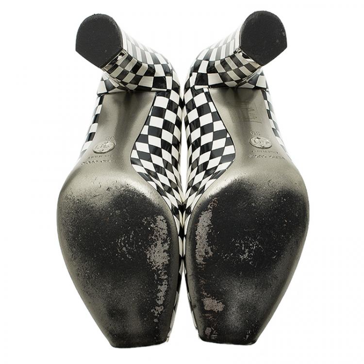 Pre Owned Dolce and Gabbana Black and White Checkered Leather Square Toe Pumps Size 39