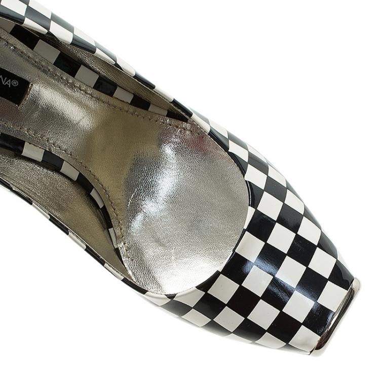 Pre Owned Dolce and Gabbana Black and White Checkered Leather Square Toe Pumps Size 39