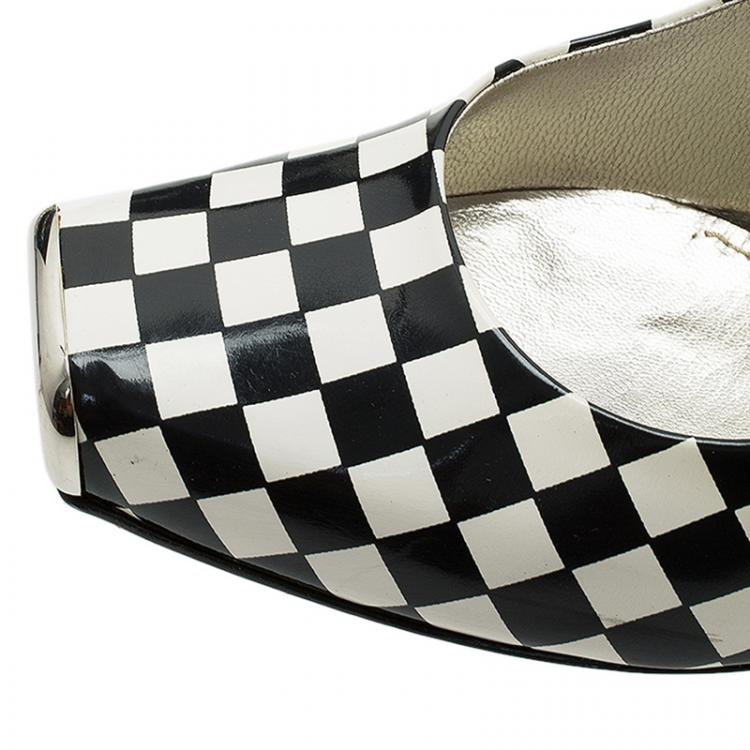 Pre Owned Dolce and Gabbana Black and White Checkered Leather Square Toe Pumps Size 39