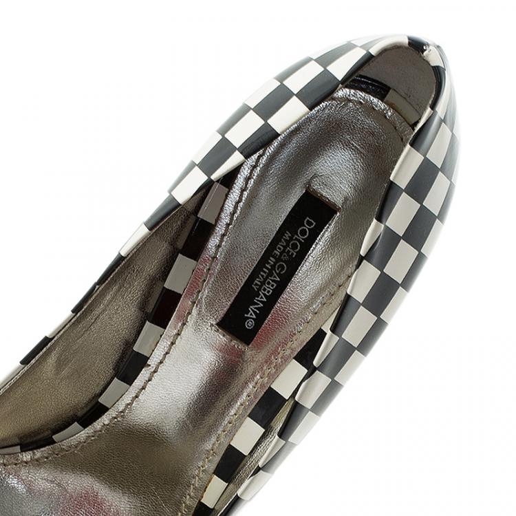 Pre Owned Dolce and Gabbana Black and White Checkered Leather Square Toe Pumps Size 39