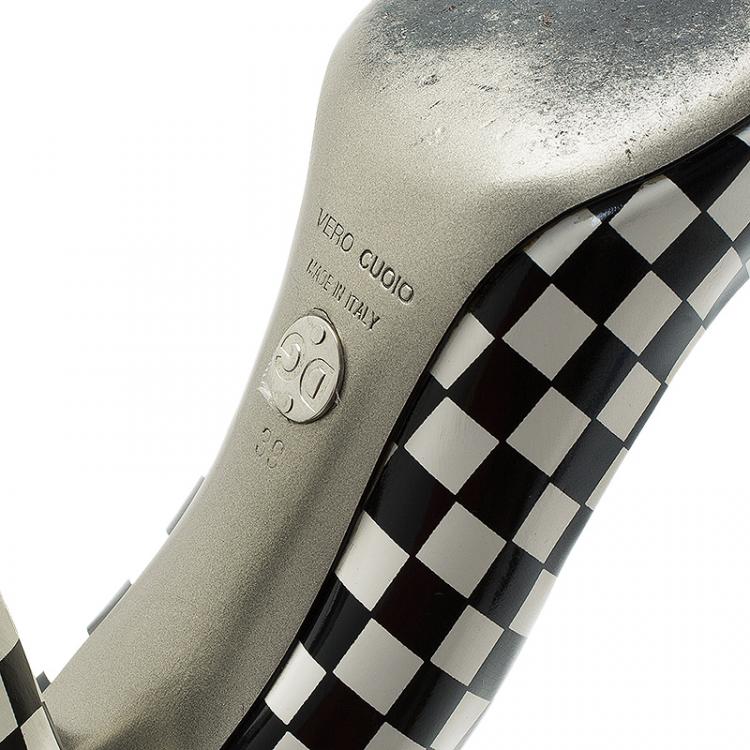 Pre Owned Dolce and Gabbana Black and White Checkered Leather Square Toe Pumps Size 39
