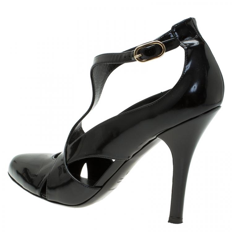 Pre Owned Dolce and Gabbana Black Patent Cutout Ankle Strap Pointed Pumps Size 39