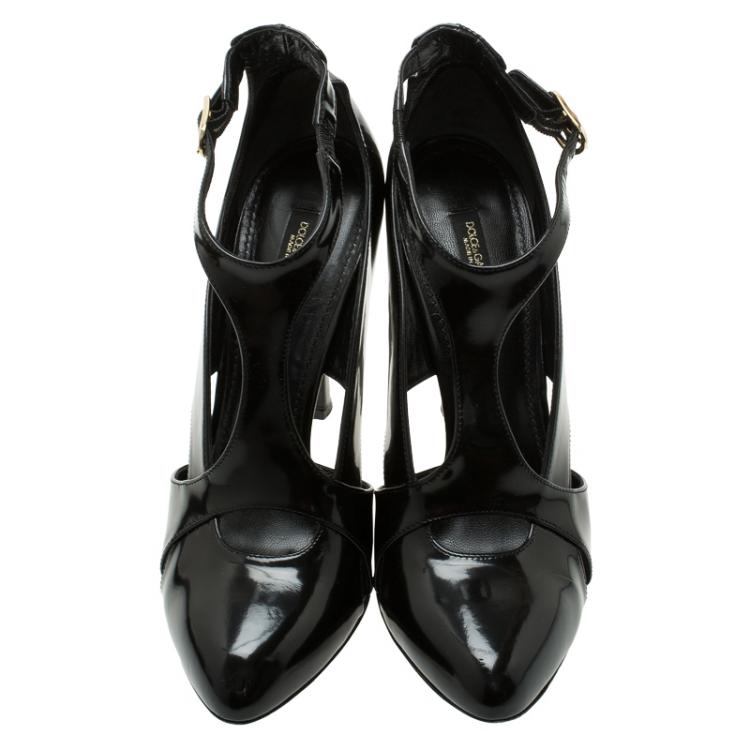 Pre Owned Dolce and Gabbana Black Patent Cutout Ankle Strap Pointed Pumps Size 39