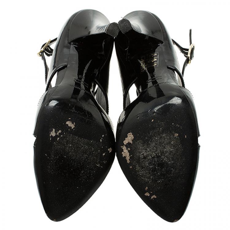 Pre Owned Dolce and Gabbana Black Patent Cutout Ankle Strap Pointed Pumps Size 39