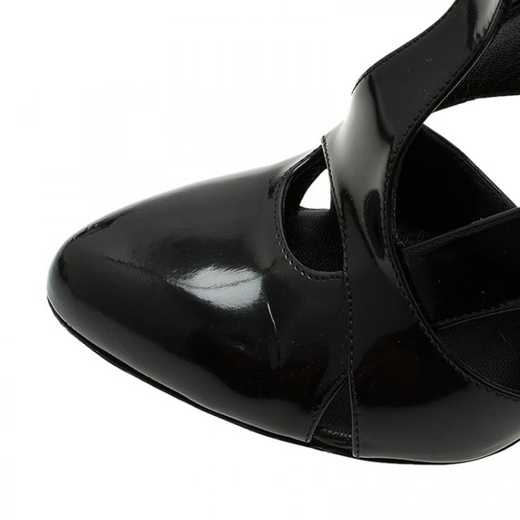 Pre Owned Dolce and Gabbana Black Patent Cutout Ankle Strap Pointed Pumps Size 39