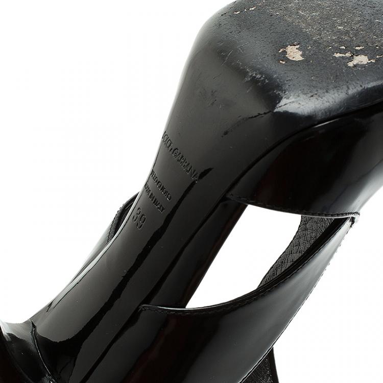 Pre Owned Dolce and Gabbana Black Patent Cutout Ankle Strap Pointed Pumps Size 39