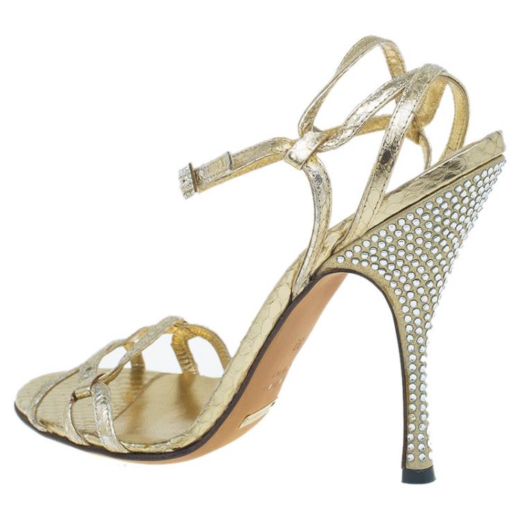 Pre Owned Dolce and Gabbana Metallic Gold Leather Strappy Crystal Embellished Sandals Size 39