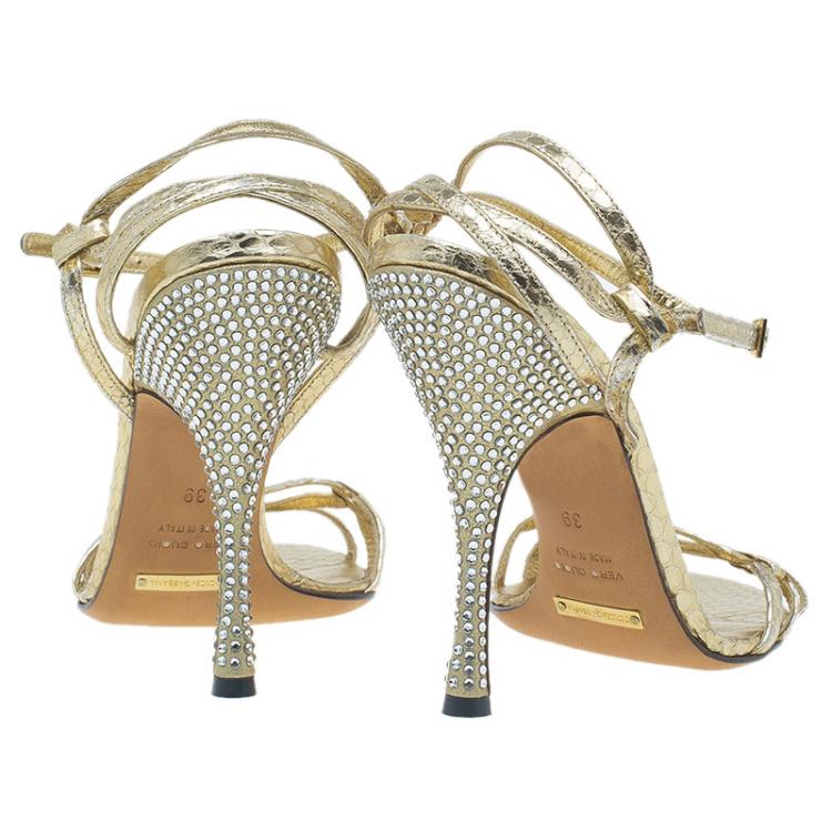 Pre Owned Dolce and Gabbana Metallic Gold Leather Strappy Crystal Embellished Sandals Size 39