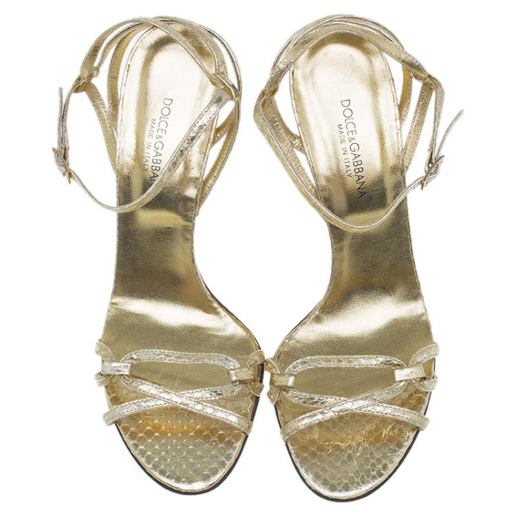 Pre Owned Dolce and Gabbana Metallic Gold Leather Strappy Crystal Embellished Sandals Size 39