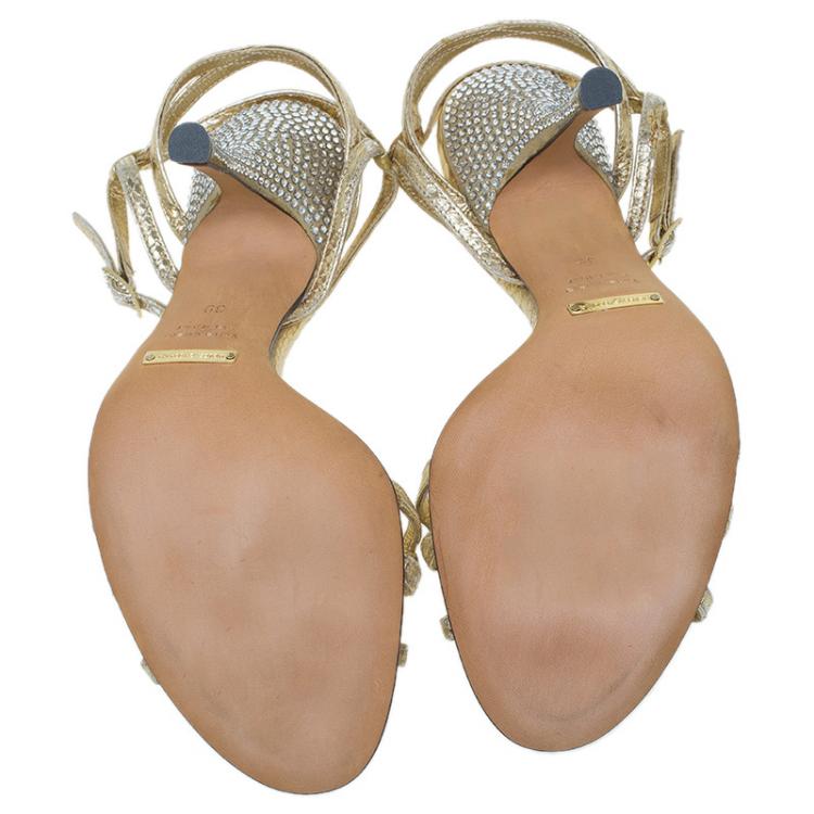 Pre Owned Dolce and Gabbana Metallic Gold Leather Strappy Crystal Embellished Sandals Size 39
