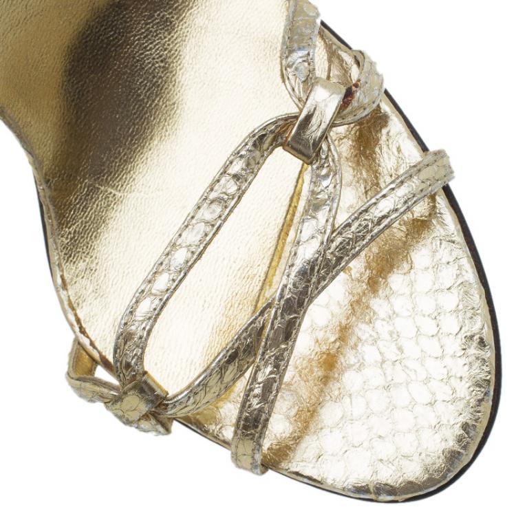 Pre Owned Dolce and Gabbana Metallic Gold Leather Strappy Crystal Embellished Sandals Size 39
