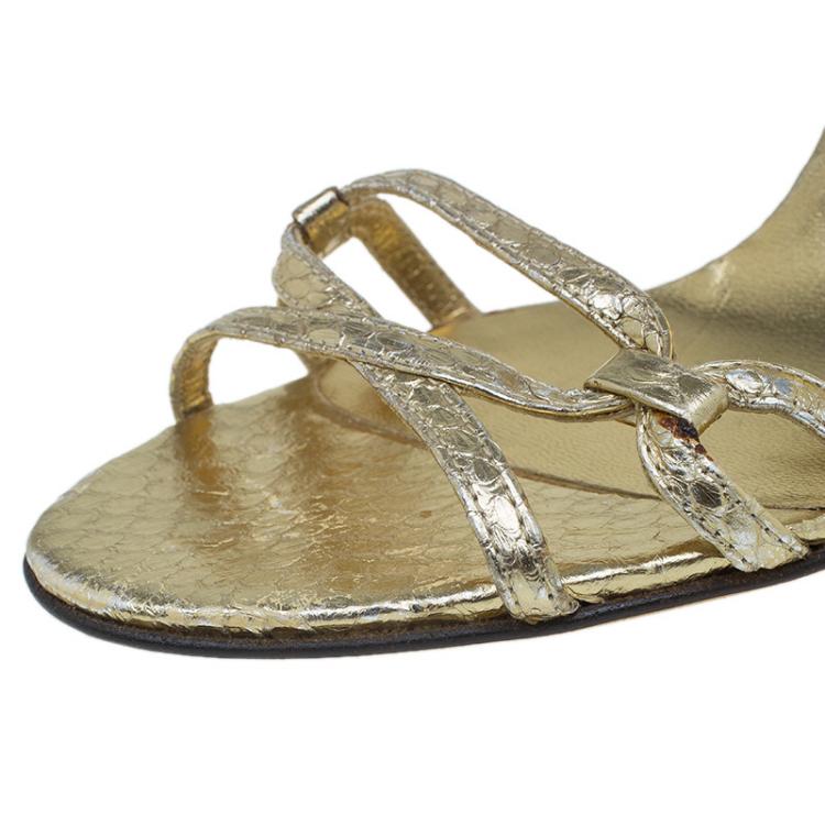 Pre Owned Dolce and Gabbana Metallic Gold Leather Strappy Crystal Embellished Sandals Size 39