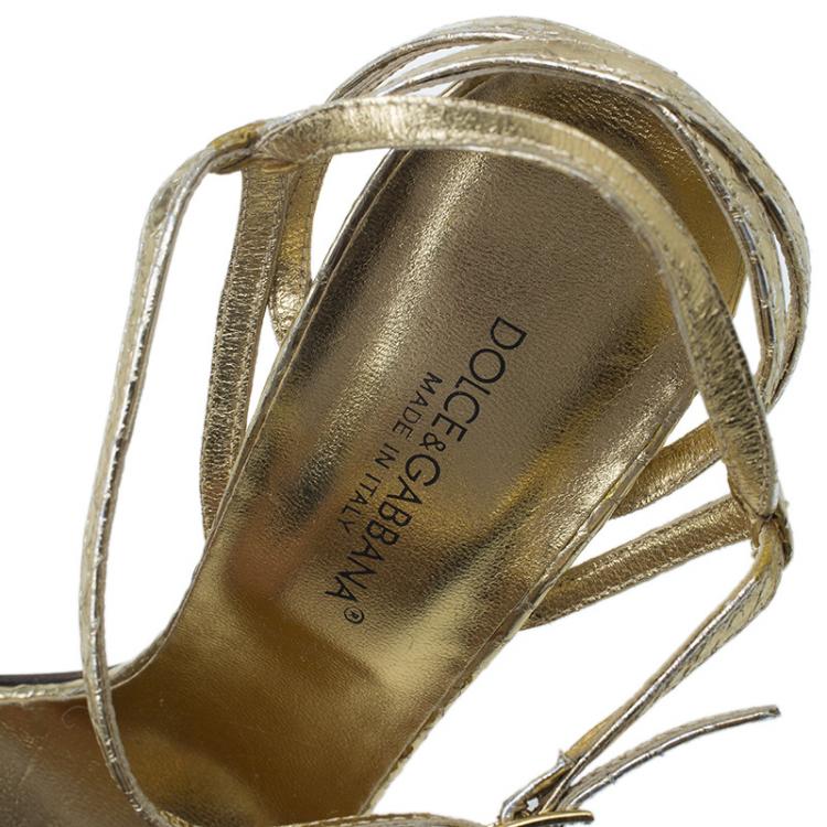 Pre Owned Dolce and Gabbana Metallic Gold Leather Strappy Crystal Embellished Sandals Size 39