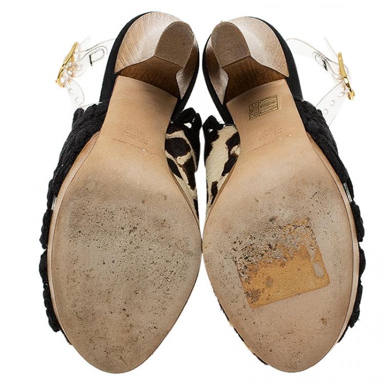 Pre Owned Dolce and Gabbana Leopard Pony Hair, PVC and Lace Slingback Sandals Size 38.5