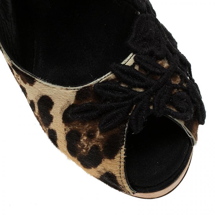 Pre Owned Dolce and Gabbana Leopard Pony Hair, PVC and Lace Slingback Sandals Size 38.5