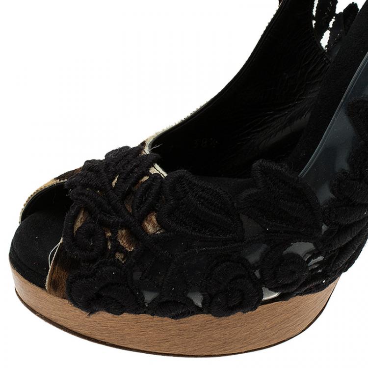 Pre Owned Dolce and Gabbana Leopard Pony Hair, PVC and Lace Slingback Sandals Size 38.5
